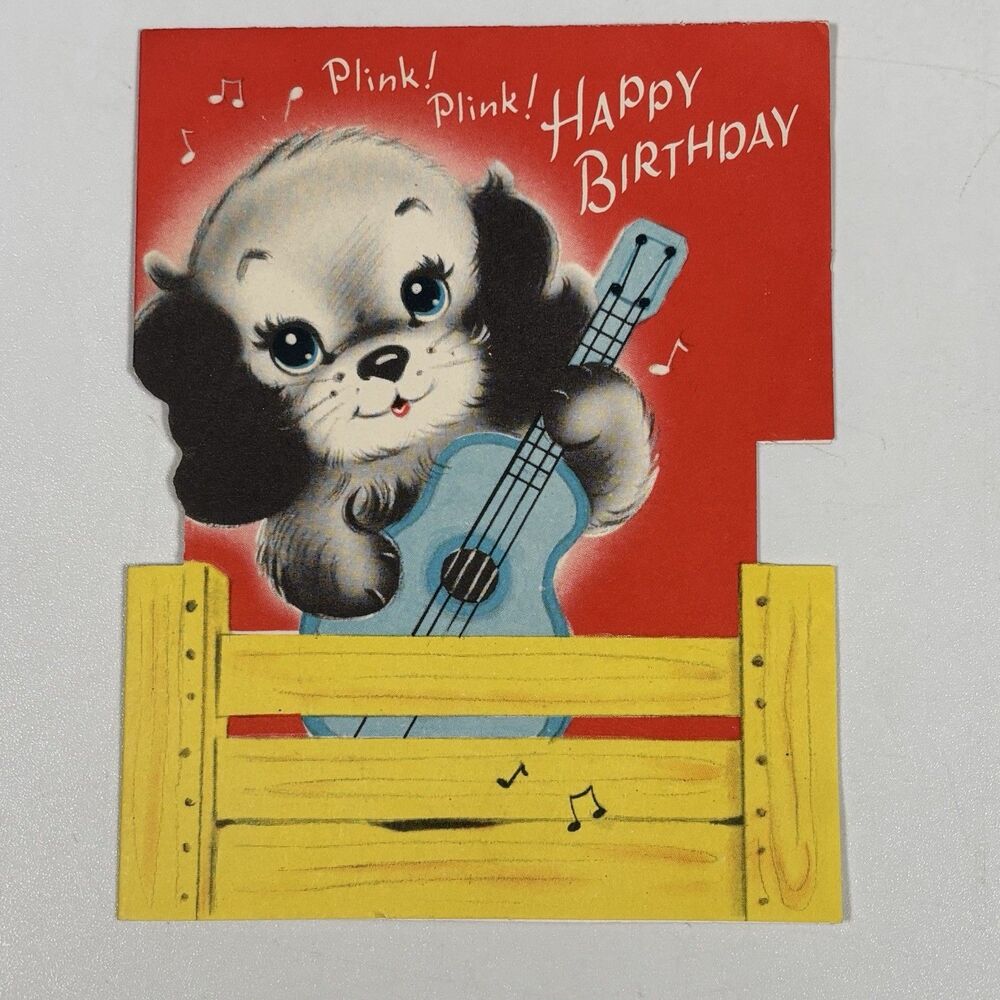 Vintage Norcross Die Cut Puppy Dog Guitar Happy Birthday Greeting Card Cute MCM